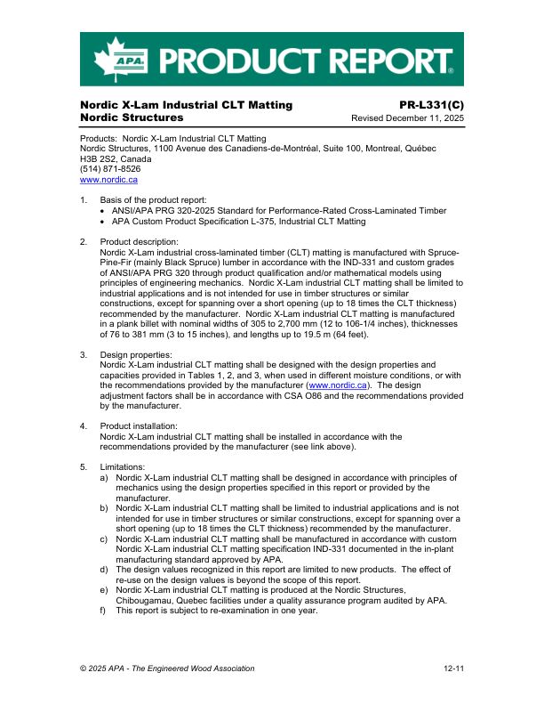 Product Report:
PR-L331(C)
Nordic Structures -
Nordic X-Lam Industrial CLT Matting

Revised December 11, 2025