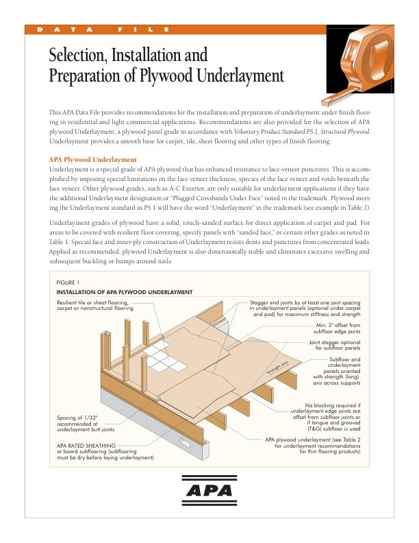 Data File: Selection, Installation and Preparation of Plywood Underlayment (L335)

This APA Data File provides recommendations for the installation and preparation of underlayment under finish flooring in residential and light commercial applications. Recommendations are also provided for the selection of APA plywood Underlayment, a plywood panel grade in accordance with Voluntary Product Standard PS 1, Structural Plywood. 

Issued June 2012