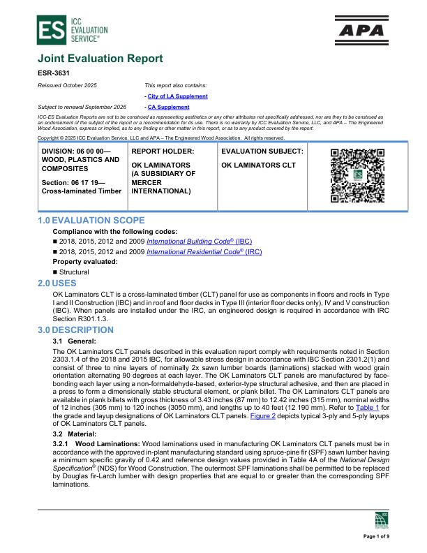 Joint Evaluation Report
ESR-3631: OK Laminators, Inc. DBA Mercer Mass Timber -
OK Laminators, Inc. CLT. Revised October 2025.