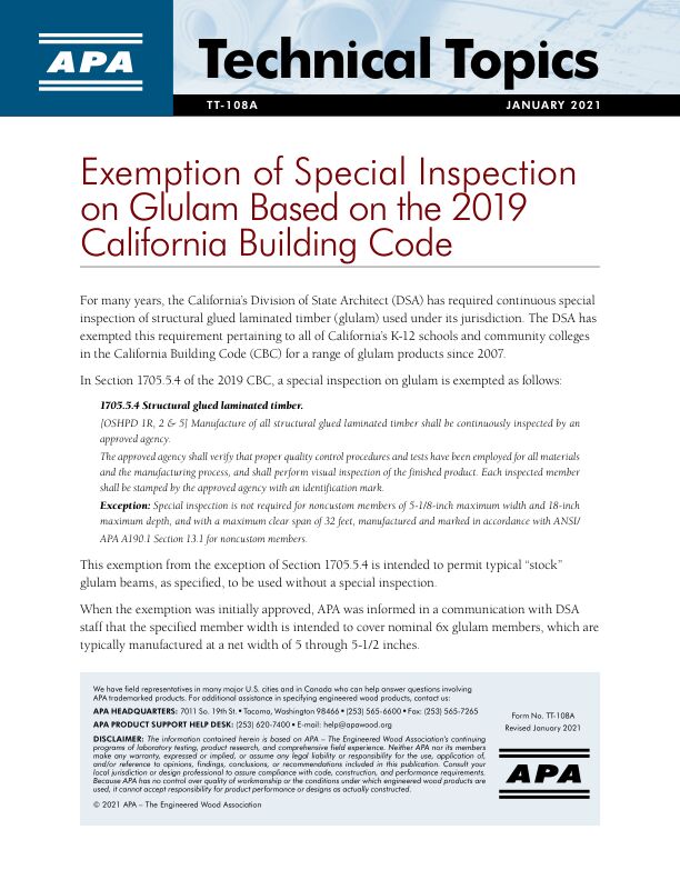 Technical Topics: Exemption of Special Inspection on Glulam Based on the 2019 California Building Code (TT-108)

Clarifies the intent of the California Building Code exemption for special inspection on glulam outlined in Section 1705.5.4.


Revised January 2021