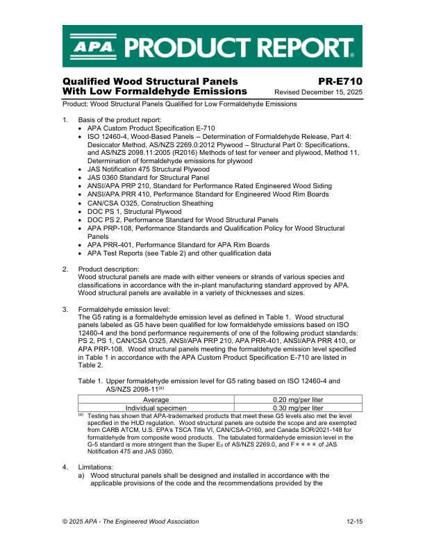 Product Report PR-E710:  Wood structural panels qualified for low formaldehyde emissions. Revised December 15, 2025.