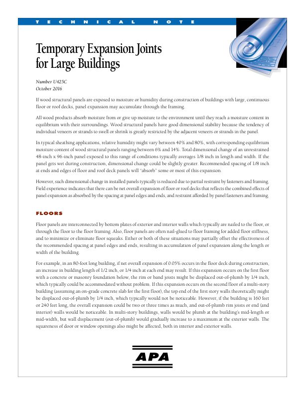Technical Note: Temporary Expansion Joints for Large Buildings	(U425)

Expansion joint details for buildings with dimensions larger than 80 feet. Revised October 2016.