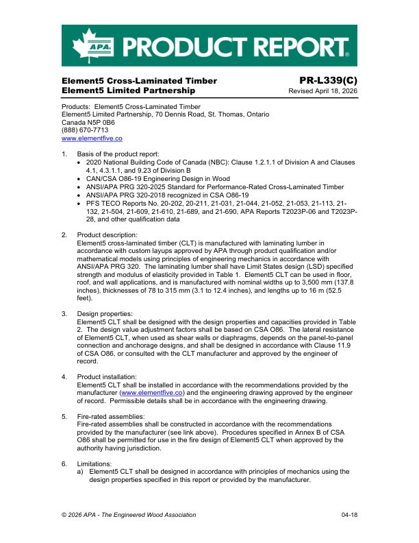 Product Report PR-L339: Element5 Limited Partnership - Element5 Cross-Laminated Timber. Revised April 18, 2026.