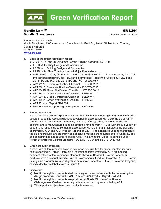 Green Verification Report
GR-L294: Nordic Structures - Nordic Lam™. Revised April 30, 2026.