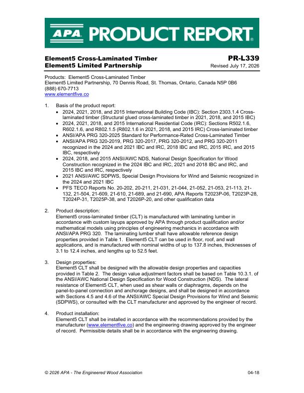 Product Report
PR-L339: Element5 Limited Partnership - Element5 Cross-Laminated Timber. Revised May 18, 2026.
