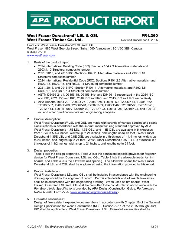 Product Report PR-L260:
West Fraser Timber Co. Ltd. -
West Fraser Durastrand® LSL and OSL. Revised December 4, 2025.