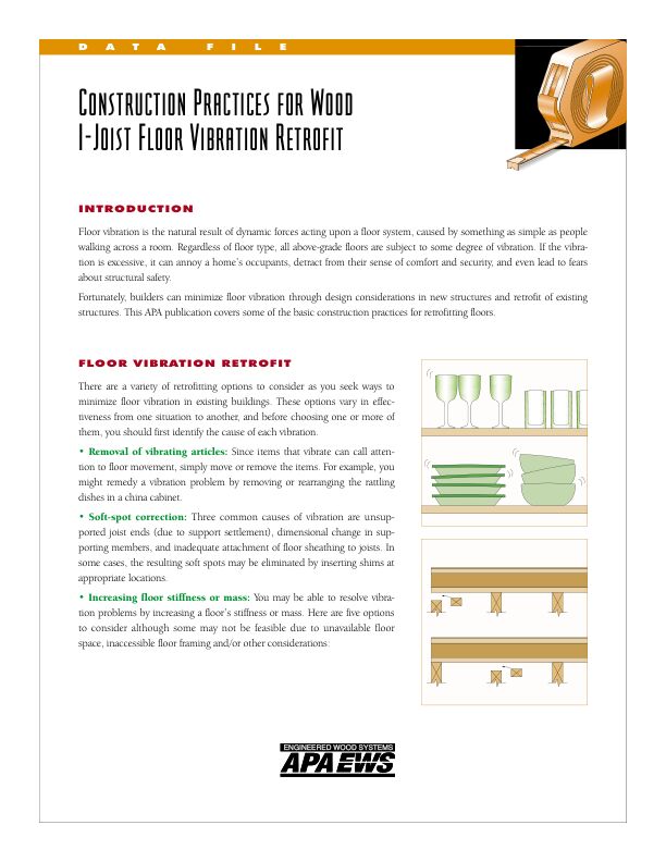 Data File: Construction Practices for Wood I-Joist Floor Vibration Retrofit (D720)

Identifying the causes of and remedies for excessive floor vibration. 

8/1/2004