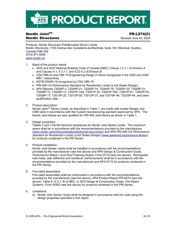 Product Report PR-L274(C):
Nordic Structures - Nordic Joist. Revised April 16, 2026.