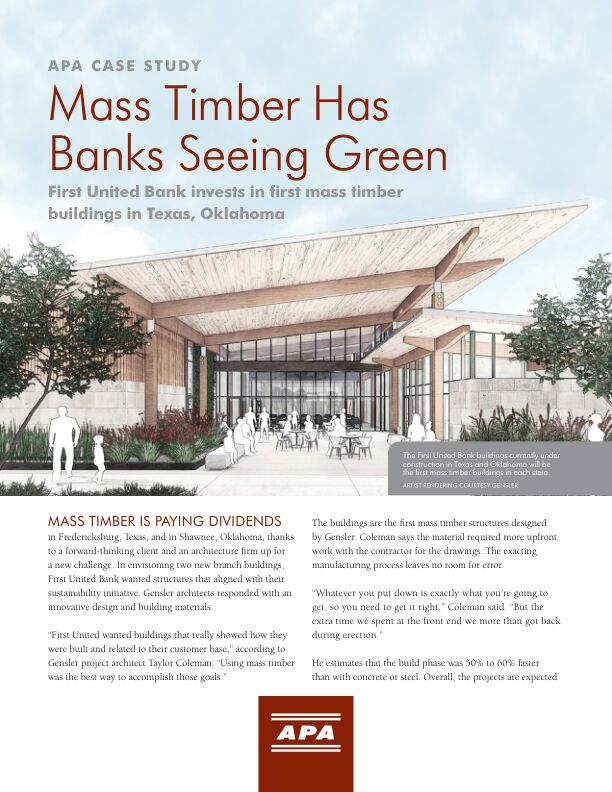 Case Study: Mass Timber Has Banks Seeing Green - First United Banks in Texas, Oklahoma (V135)

First United Bank of Texas and Oklahoma wanted their new branch buildings to align with their sustainability initiative. Architects at Gensler responded with innovative mass timber design. Issued July 2009.

**CREDIT MAY BE REQUIRED FOR IMAGES**