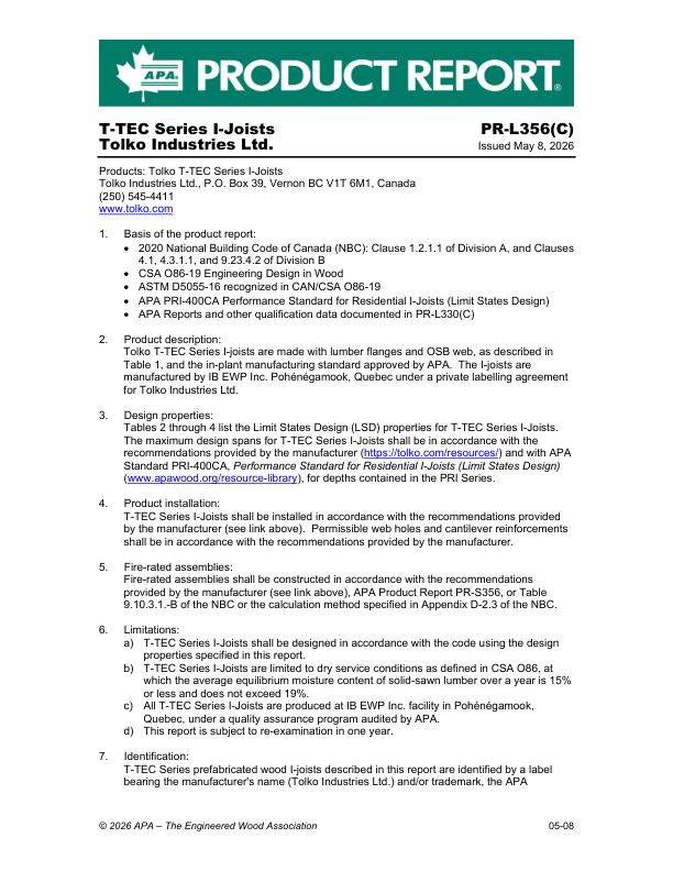 Product Report
PR-L356(C): Tolko Industries Ltd. - Tolko T-TEC Series I-Joists. Issued May 8, 2026.