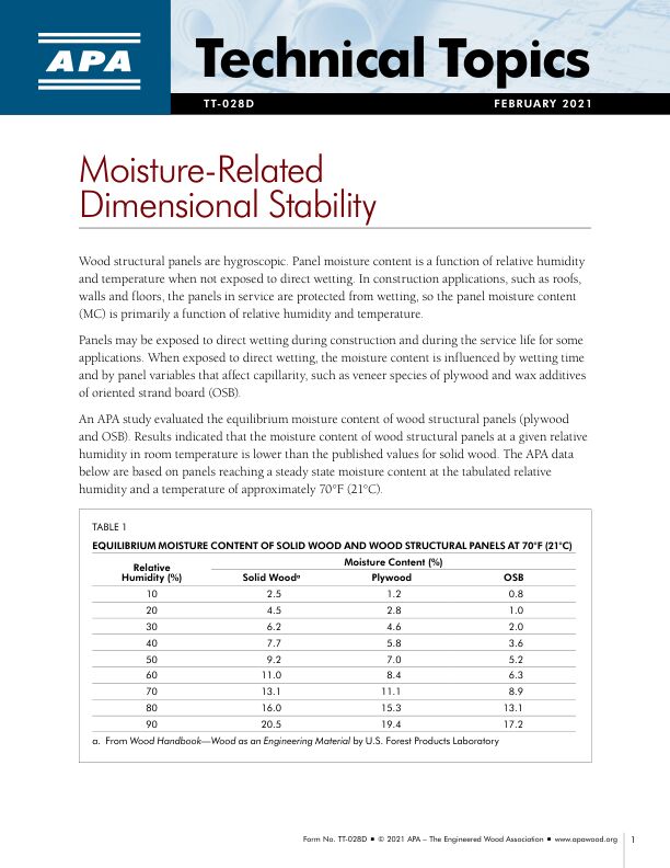 Technical Topics: Moisture-Related Dimensional Stability (TT-028)

Discusses linear expansion and thickness swell in wood structural panels due to moisture.

Revised February 2021