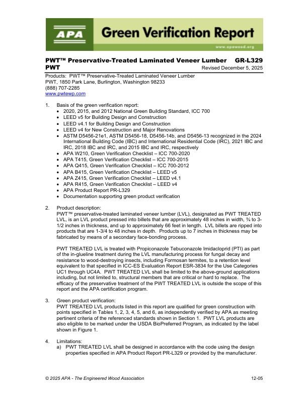 Green Verification Report:
GR-L329
PWT -
PWT™ Preservative-Treated Laminated Veneer Lumber. 

Revised December 5, 2025