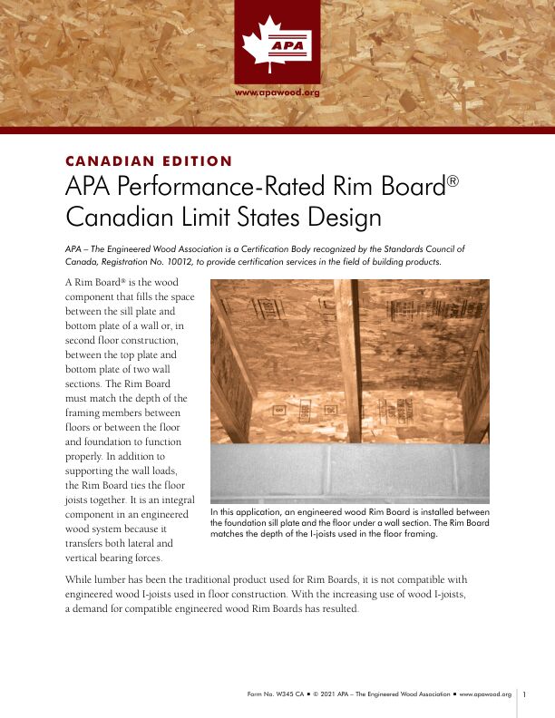 APA Performance-Rated Rim Board—Canadian Limit States Design (W345 CA)

Includes connection requirements and application notes for APA Performance-Rated Rim Boards for Canadian Limit States Design. Revised November 2021.