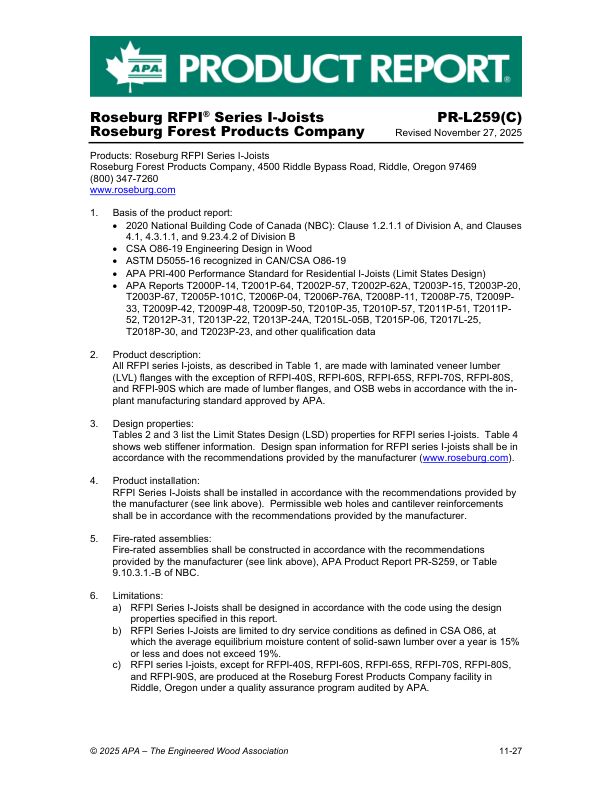 Product ReportPR-L259(C): Roseburg Forest Products Company - Series I-Joists. Revised November 27, 2025.
