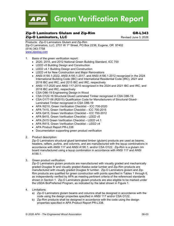 Green Verification Report
GR-L343: Zip-O Laminators, LLC - Zip-O Laminators Glulam and Zip-Rim. Revised June 3, 2026.