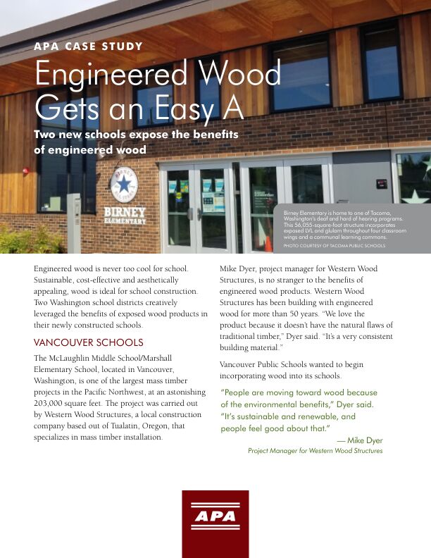 Case Study: Engineered Wood Gets an Easy A - Elementary/Middle School in Tacoma & Vancouver, Washington (W170)

Sustainable, cost-effective and aesthetically appealing, wood is ideal for school construction. Two Washington school districts creatively leveraged the benefits of exposed wood products in their newly constructed schools. Issued October 2020.

**CREDIT MAY BE REQUIRED FOR IMAGES**