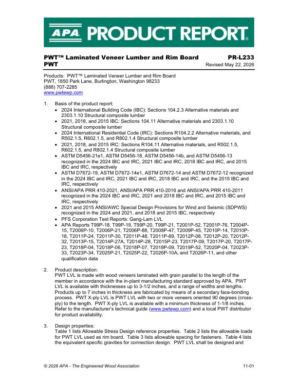 Product Report 
PR-L233
PWT Laminated Veneer Lumber and Rim Board 
PWT

Revised May 22, 2026.