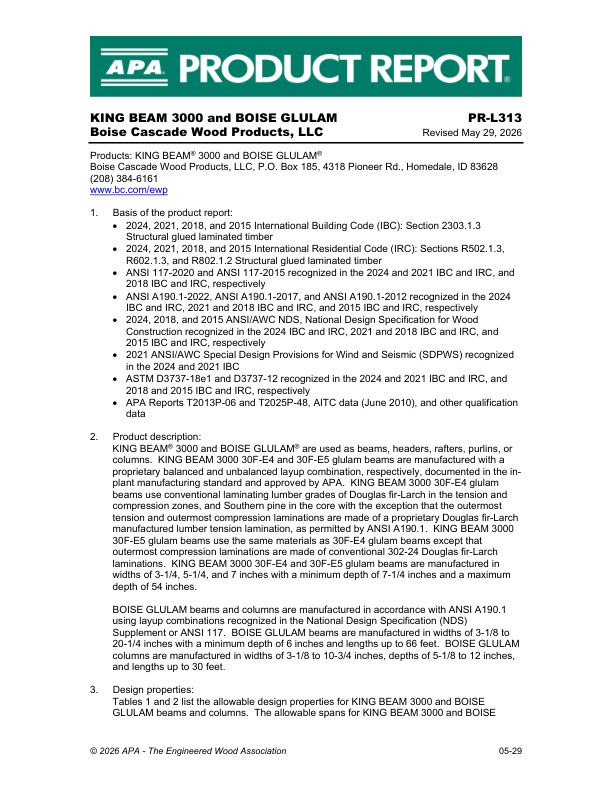 Product Report
APA-PR-L313
Boise Cascade Wood Products
Glulam
Revised May 29, 2026.