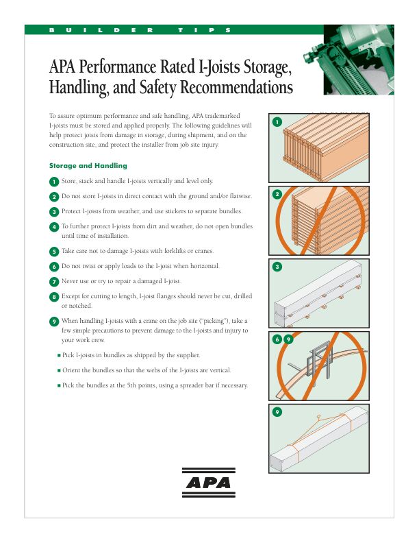 Builder Tips: APA Performance Rated I-Joists Storage, Handling & Safety Recommendations (Z735)

Includes important tips for storage, handling and jobsite use. 	

November 2010