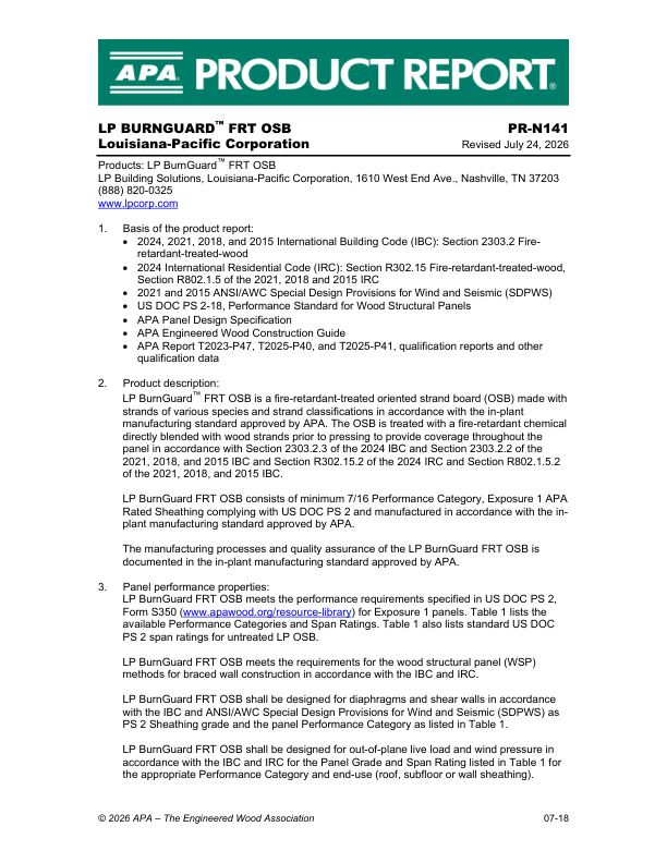 Product Report PR-N141: Louisiana-Pacific Corporation -
LP BURNGUARDTM FRT OSB. Revised December 22, 2025.