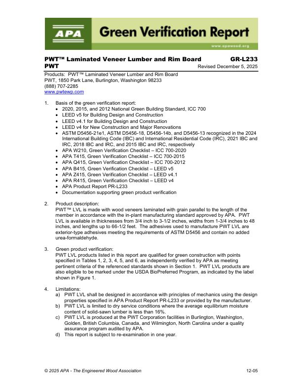 Green Verification Report GR-L233:
PWT - PWT™ Laminated Veneer Lumber and Rim Board. December 5, 2025.