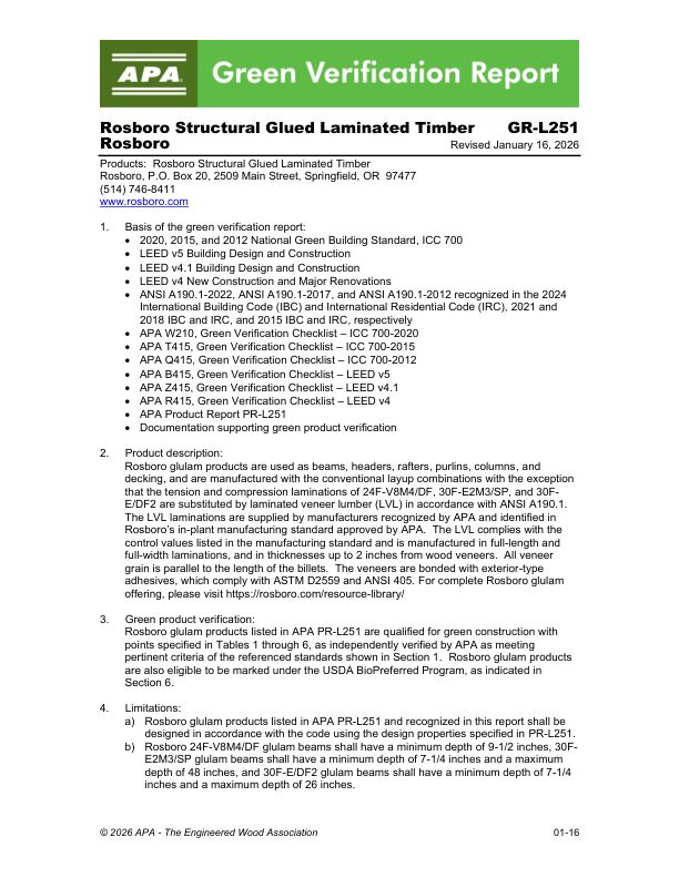 Green Verification Report
GR-L251: Rosboro - Rosboro Structural Glued Laminated Timber. Revised January 16, 2026.