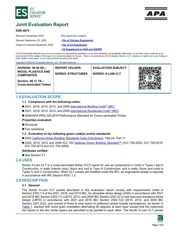 Joint Evaluation Report
ESR-4875: Nordic Structures -
NORDIC X-LAM CLT. Revised September 2025.