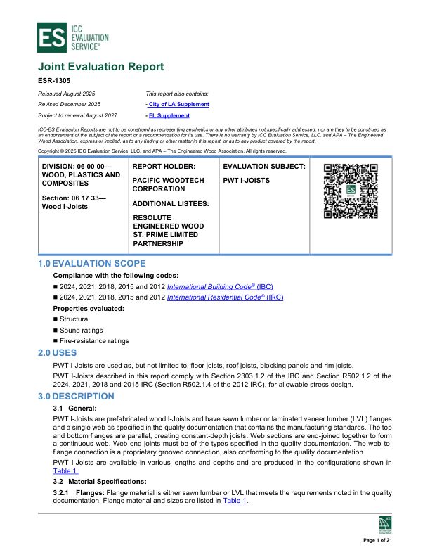 Joint Evaluation Report
ESR-1305: PWT - PWT™ I-Joists. Revised December 2025.