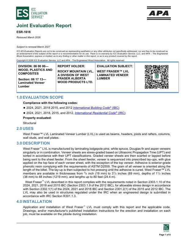 Joint Evaluation Report
ESR-1618: Sundre Forest Products, Inc. - West Fraser™ LVL Laminated Veneer Lumber. Revised September 2025.