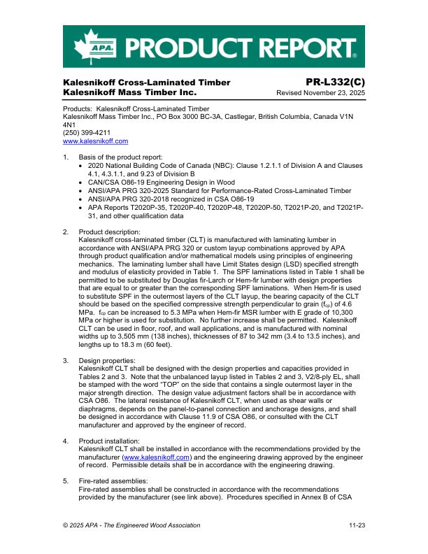 Product Report APA-PR-L332(C):
Kalesnikoff Mass Timber Inc. -
CLT. November 23, 2025.