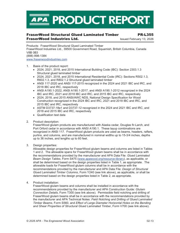 Product Report PR-L355: FraserWood Industries Ltd. - 
FraserWood Structural Glued Laminated Timber. Issued February 13, 2026.