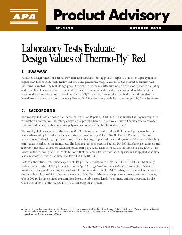 Product Advisory:  Laboratory Tests Evaluate Design Values of Thermo-Ply Red (SP-1172)

Product Advisory: Thermo-Ply® Red. Issued October 2015.