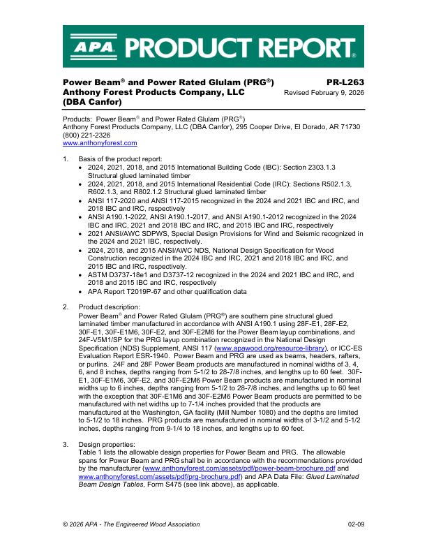 Product Report PR-L263: Anthony Forest Products Company, LLC (DBA Canfor)
Power Beam® and Power Rated Glulam (PRG®). Revised February 9, 2025.