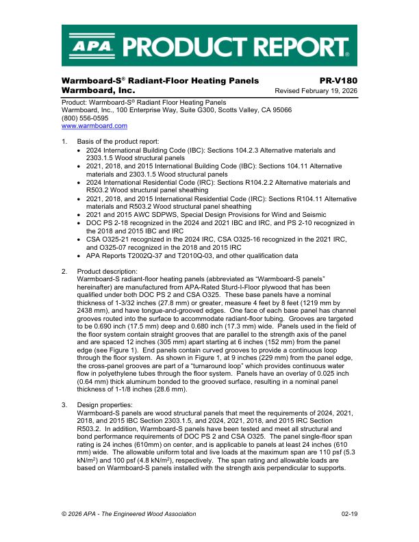Product Report
PR-V180: Warmboard, Inc. - Warmboard-S® Radiant Floor Heating Panels. Revised February 19, 2026.