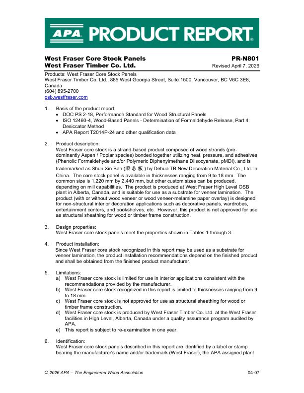 Product Report PR-N801: West Fraser Timber Co. Ltd. - West Fraser Core Stock Panels. April 7, 2026.