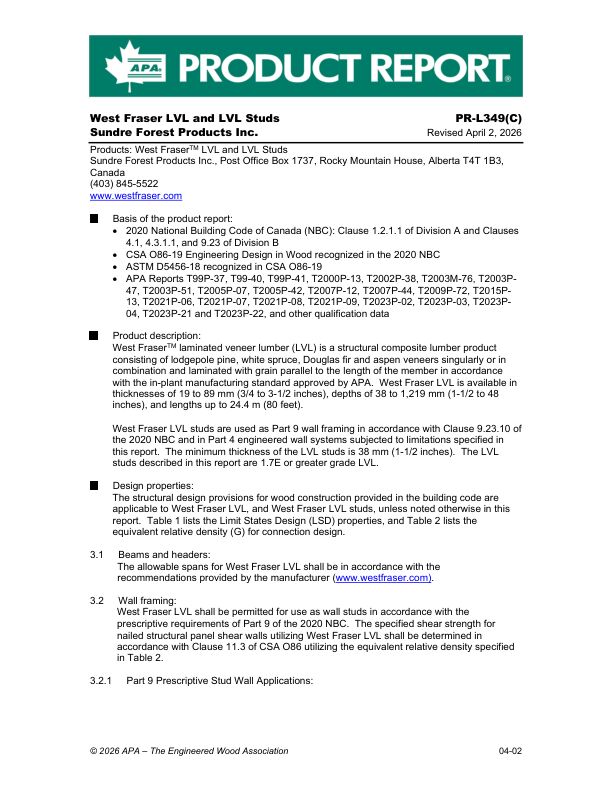 PR-L349C: Sundre Forest Products Inc. - West Fraser™ LVL and LVL Studs. Revised April 2, 2026.