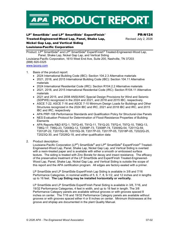 Product Report PR-N124: Louisiana-Pacific Corporation - Siding. Revised May 20, 2026.