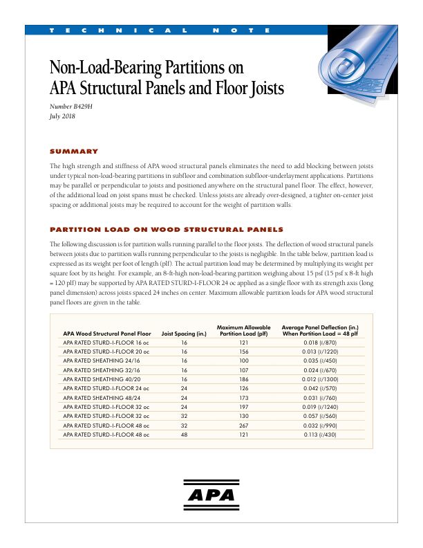 Technical Note: Non-Load-Bearing Partitions on APA Structural Panel Floors (B429)

This document shows how to determine partition load, including if additional joists are required to account for the weight of partition walls. Revised July 2018.