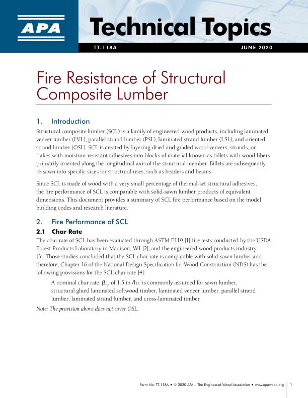 Technical Topics: Fire Resistance of Structural Composite Lumber		A summary of SCL fire performance based on model building codes and research literature.

Revised June 2020