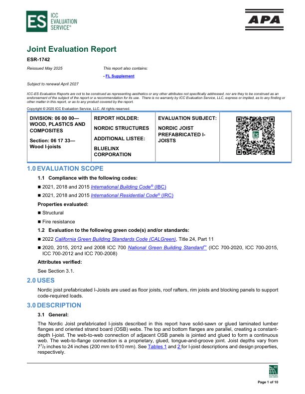 Joint Evaluation Report
ESR-1742: Nordic Structures -
NORDIC JOIST PREFABRICATED I-JOISTS. Revised May 2025.
