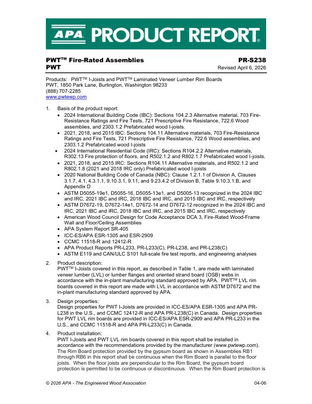 Product Report PR-S238: PWT
PWT™ - I-Joists and PWT™ Laminated Veneer Lumber Rim Boards. Revised April 6, 2026.