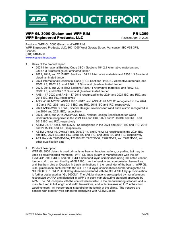 Product Report PR-L269: WFP Engineered Products, LLC - WFP GL 3000 Glulam and WFP RIM. Revised April 9, 2026.