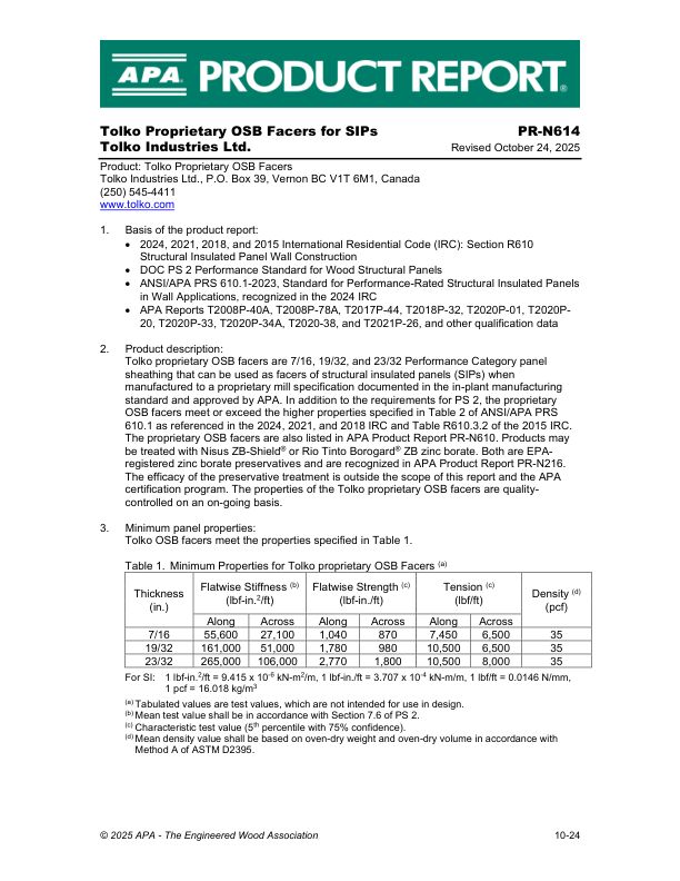 Product Report: PR-N614: Tolko Industries Ltd. - Tolko Proprietary OSB Facers. Revised October 24, 2025.