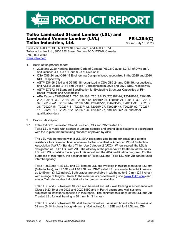Product Report PR-L284(C):
Tolko Industries - LSL. February 8, 2026.