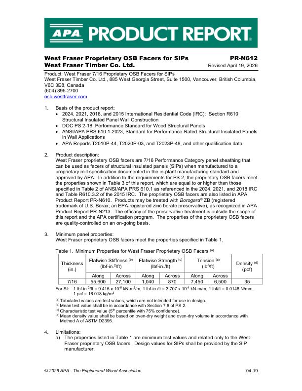 Product Report
PR-N612: West Fraser Timber Co Ltd. - OSB. April 19, 2026.
