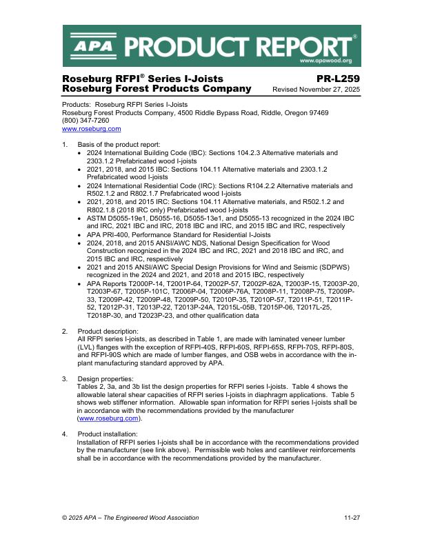 Product Report: PR-L259
Roseburg Forest Products Company - Series I-Joists. Revised November 27, 2025.