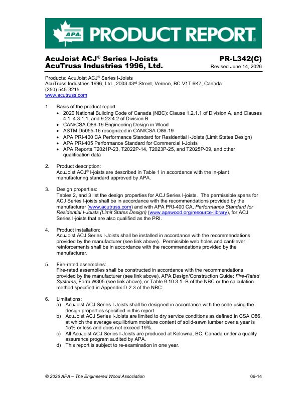 Product Report
PR-L342C: AcuTruss Industries 1996 (LTD) - AcuJoist ACJ® Series I-Joists. Revised June 14, 2026.