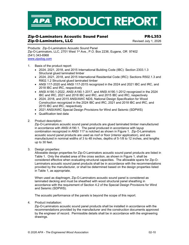 Product Report PR-L353: Zip-O Laminators, LLC -
Zip-O Laminators Acoustic Sound Panel. February 10, 2026.