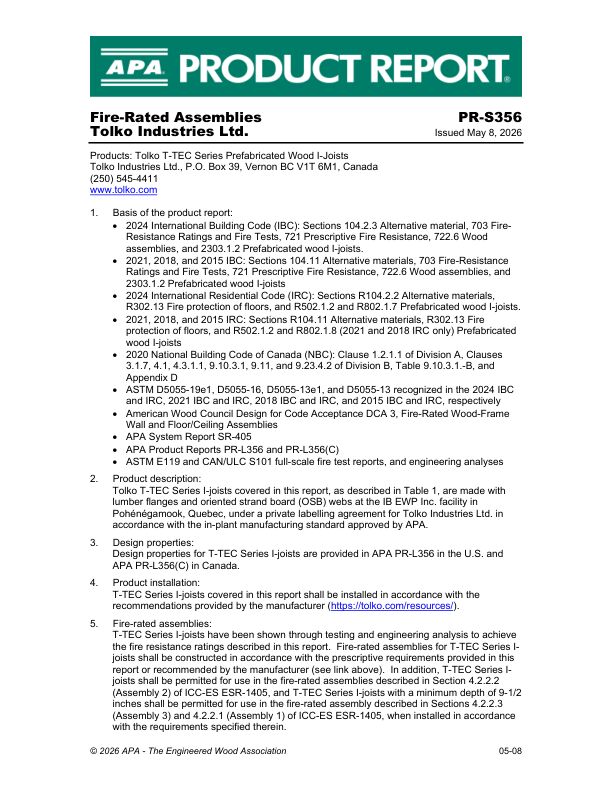 Product Report
PR-S356: Tolko Industries Ltd. - Tolko T-TEC Series Prefabricated Wood I-Joisted Fire-Rated Assemblies. Issued May 8, 2026.