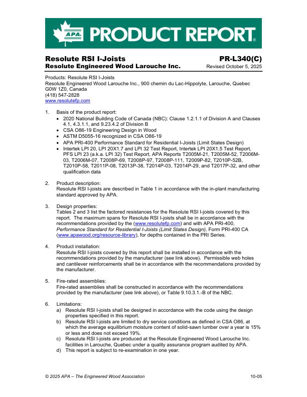 Product ReportPR-L340C: Resolute Engineered Wood Larouche Inc. - 
Resolute RSI I-Joists. Revised October 5, 2025.